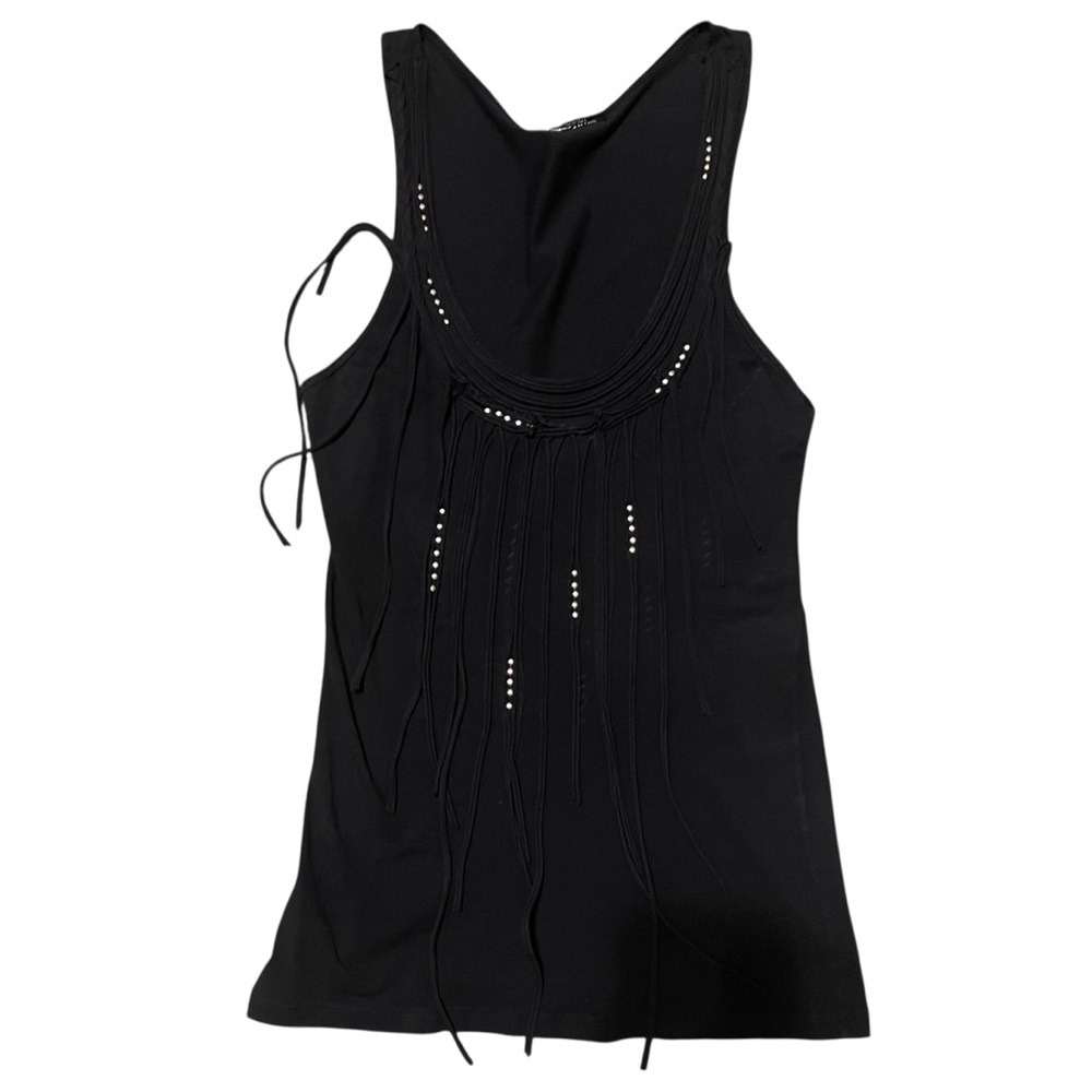 Kikiriki Black‎ Beaded Fringe Tank Top Size XS/S Grunge Goth Y2K Rock Festival